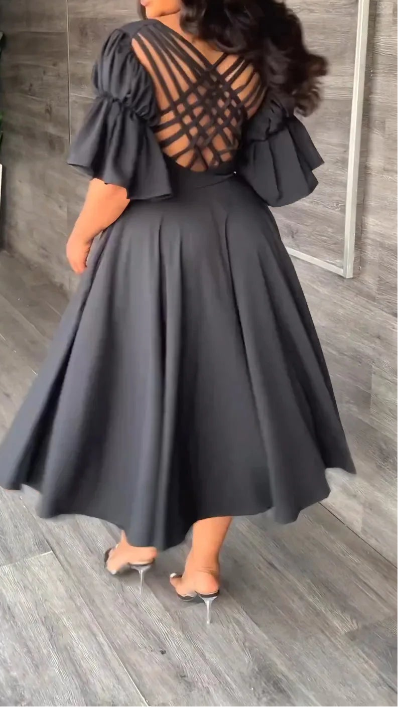 Vintage Women Criss Cross Open Back Lantern Half Sleeve V-neck Big Swing Dress