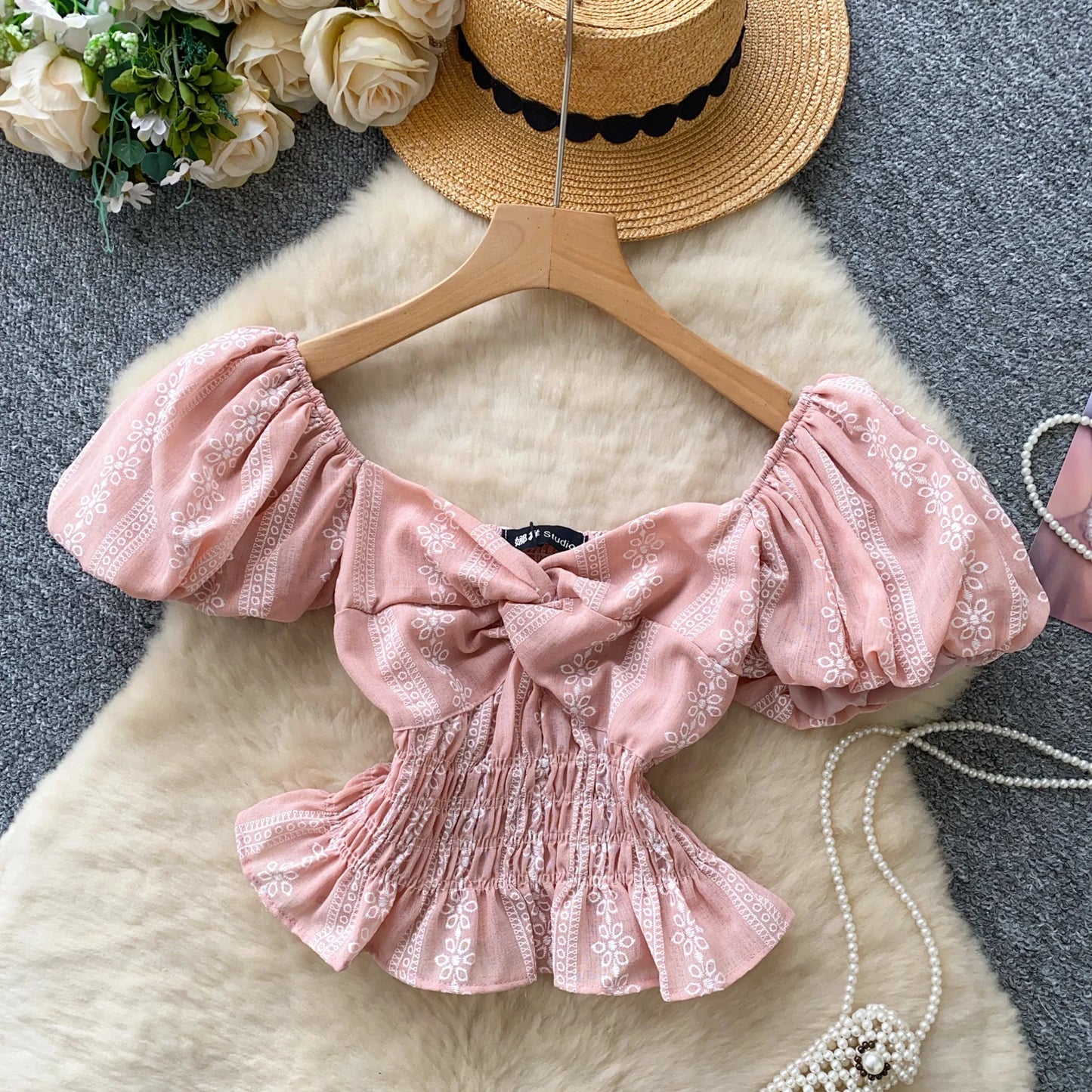 Jacquard Blouse Square Collar Puff Sleeves Elastic Slim Crop