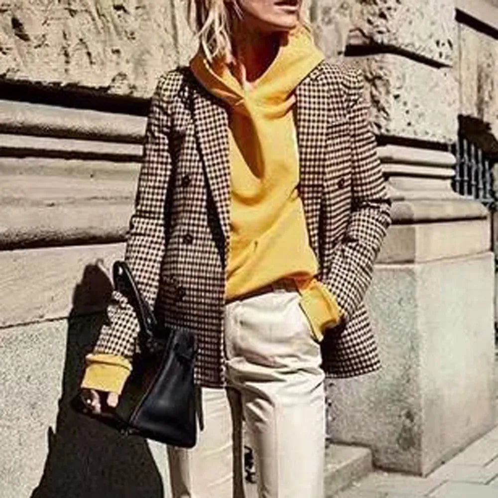 Women's Elegant Open Front Coat Retro Button Suit Coats Plaid Long Sleeve Flannel Lapel Blazer