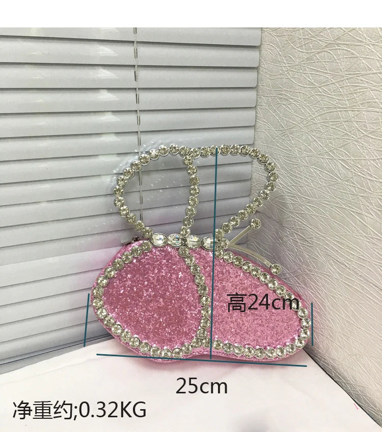 White Rhinestone Pink Butterfly Wedding Evening Clutches Party Prom Purse