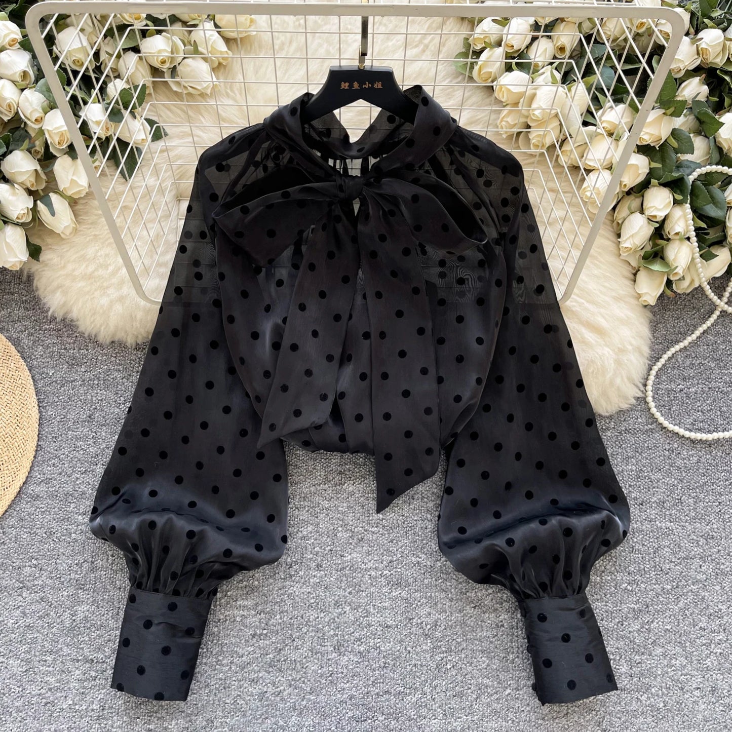 Vintage Polka Dot Tops Puff Sleeve Bow Lace Up Design Blouse