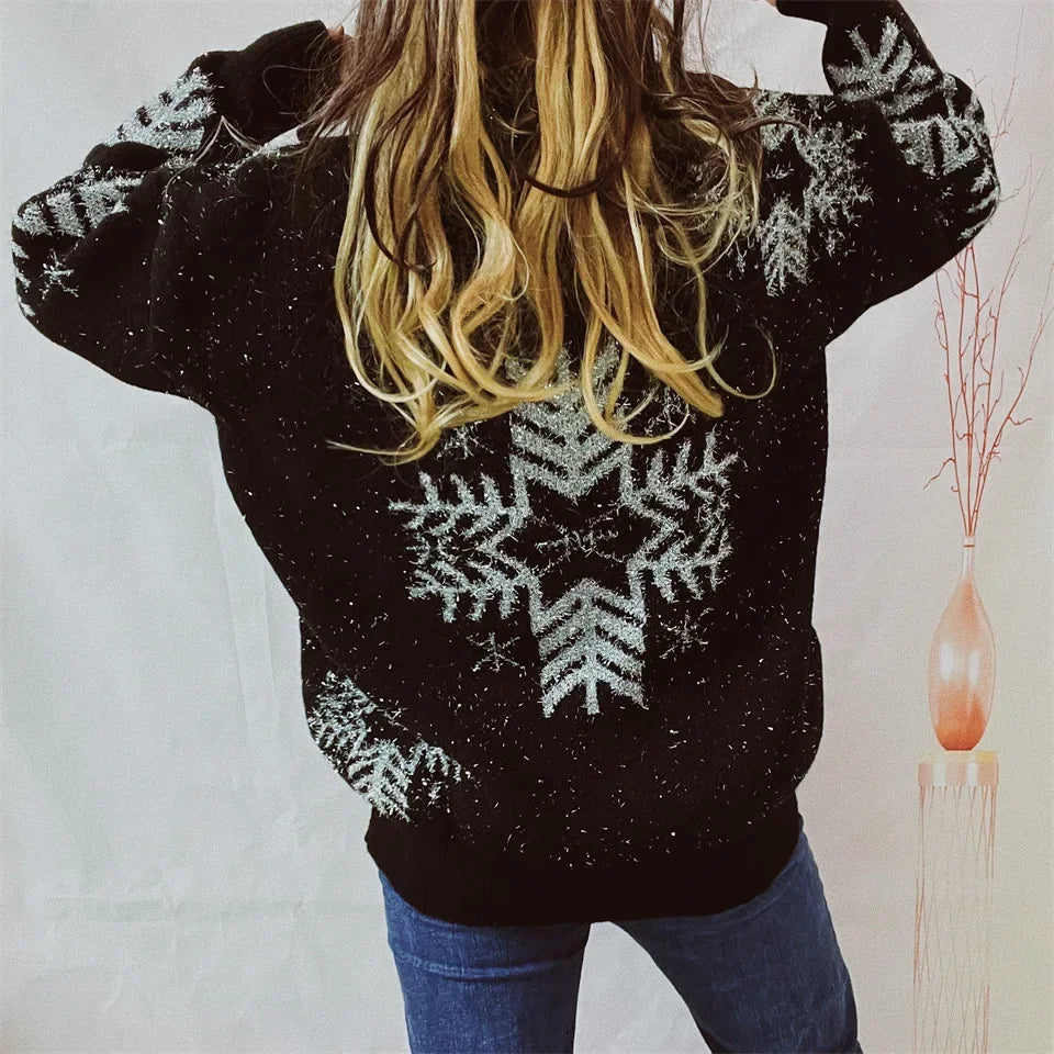 Loose-fit Line Big Snowflake Christmas Sweater Women's Pullover Thickened Crew Neck Sweater