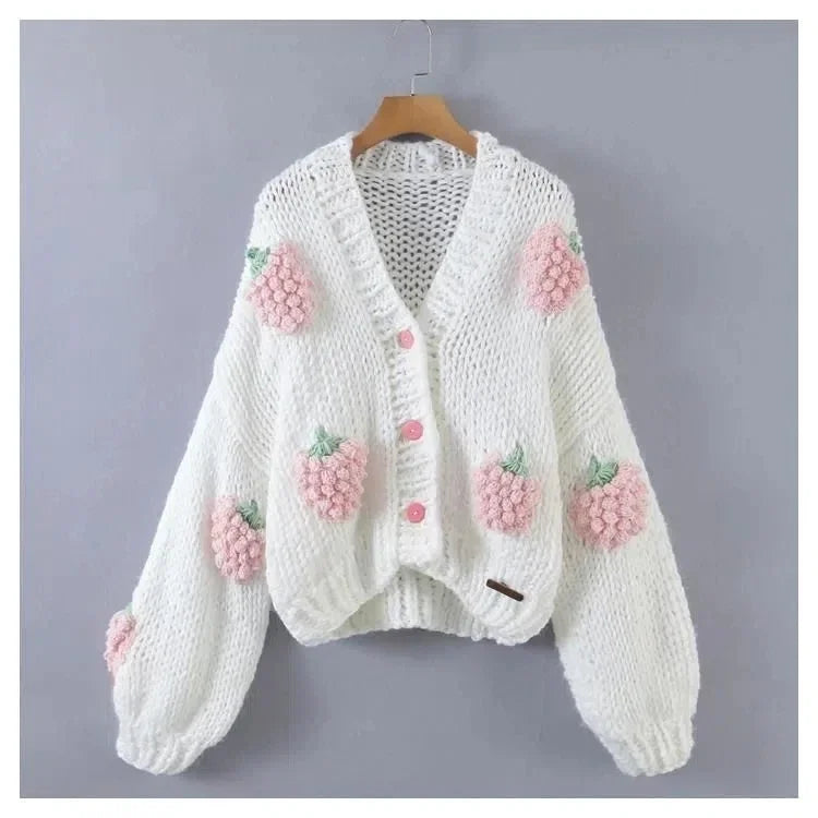 Large Size Women Sweater Puff Sleeve Strawberry Sweet Full Cardigans Loose Girls Sweater