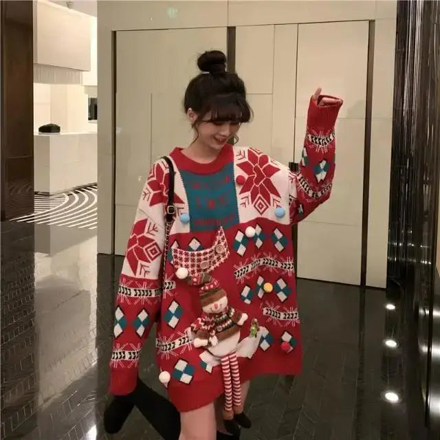 Knitted Pullover Loose Lazy Contrasting Colors Winter Sweater Christmas Sweater
