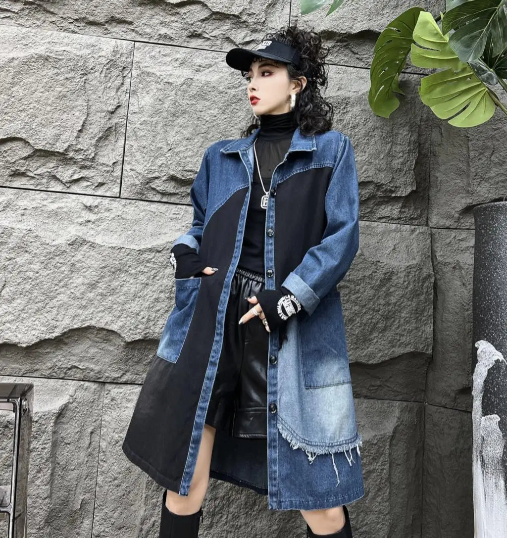 Oversized Denim Autumn Midi Trench Coat for Women