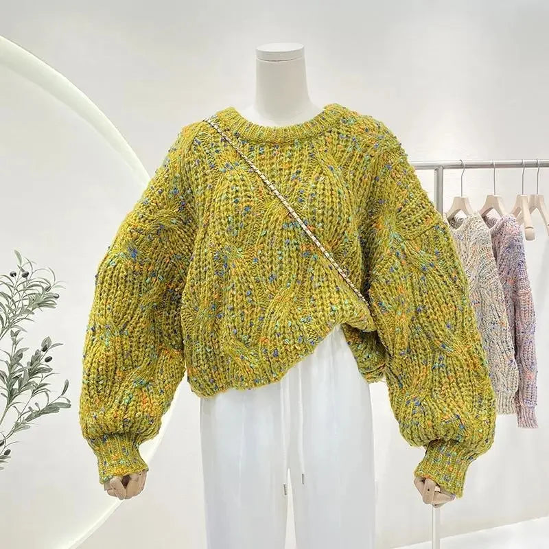 Knit Colorful Loose Fit Lantern Sleeve Cropped Sweater For Women