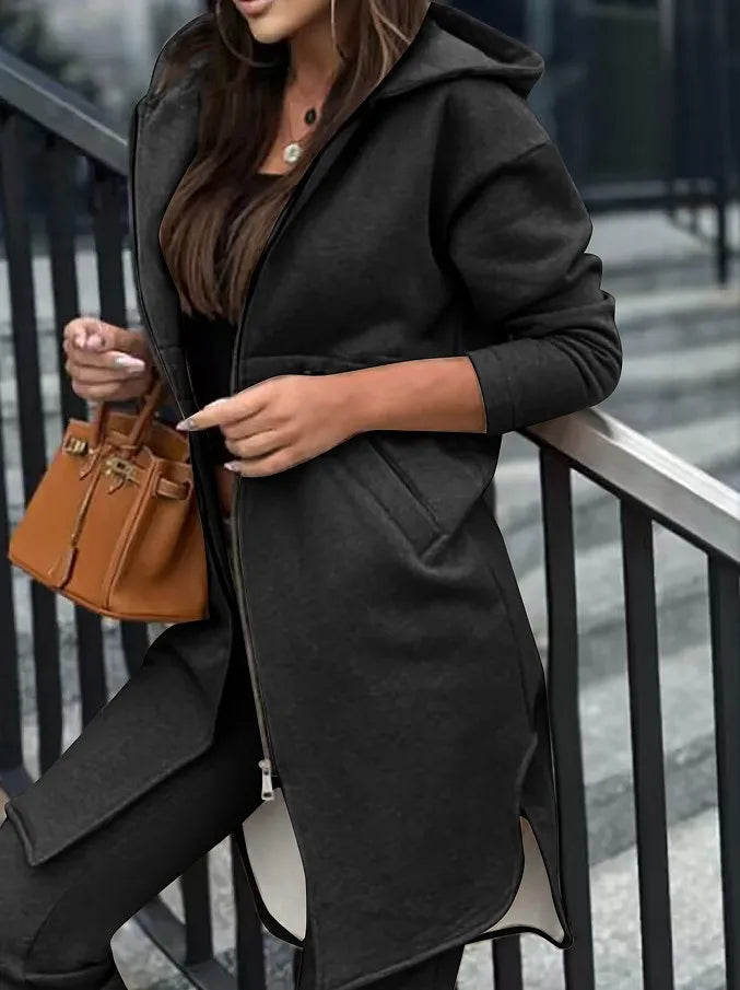 Women Pant Set Hooded Zipper Long Coats Two Piece Suits Casual Straight Pants
