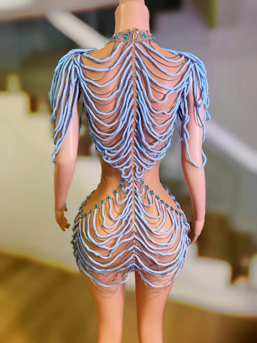 Mesh Rhinestones Chain Mini Dress Nightclub Party Performance Outfit