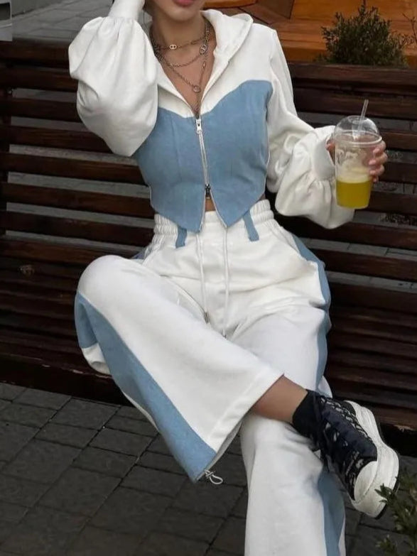 Patchwork Denim 2 Piece Sets Women Outfit Slim Hoodies Crop Top Wide Leg Sweatpants Suits