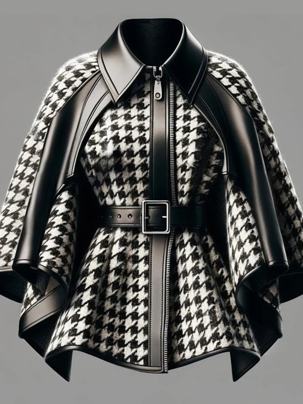Houndstooth Pattern Women's Jacket Asymmetrical Cape Sleeves Jacket