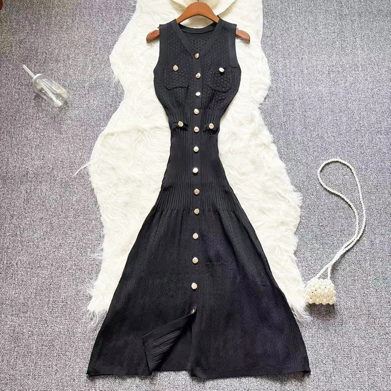 Casual Knitting Long Dress Women Buttons V Neck Hook Flower Hollow Out Chic Maxi Long Dress