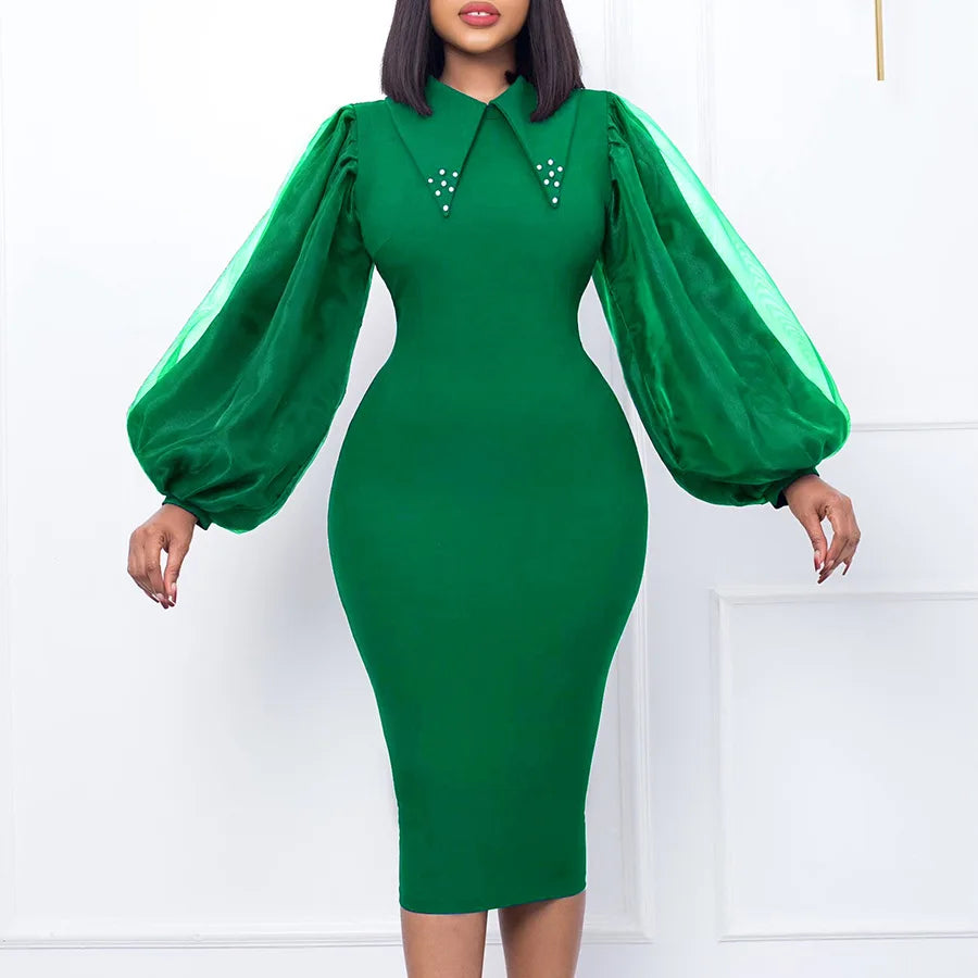 Elegant Office Dress fro Women Professional Full Sleeve Turn Down Collar Beaded Sheath Package Hips Mid Calf Formal Work Dress