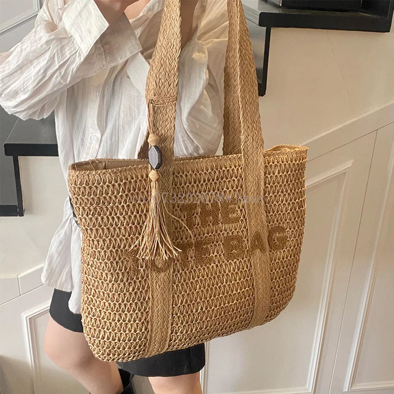 Women's Large Capacity Shoulder Bag Straw Woven Bag Letter Embroidery Handbag
