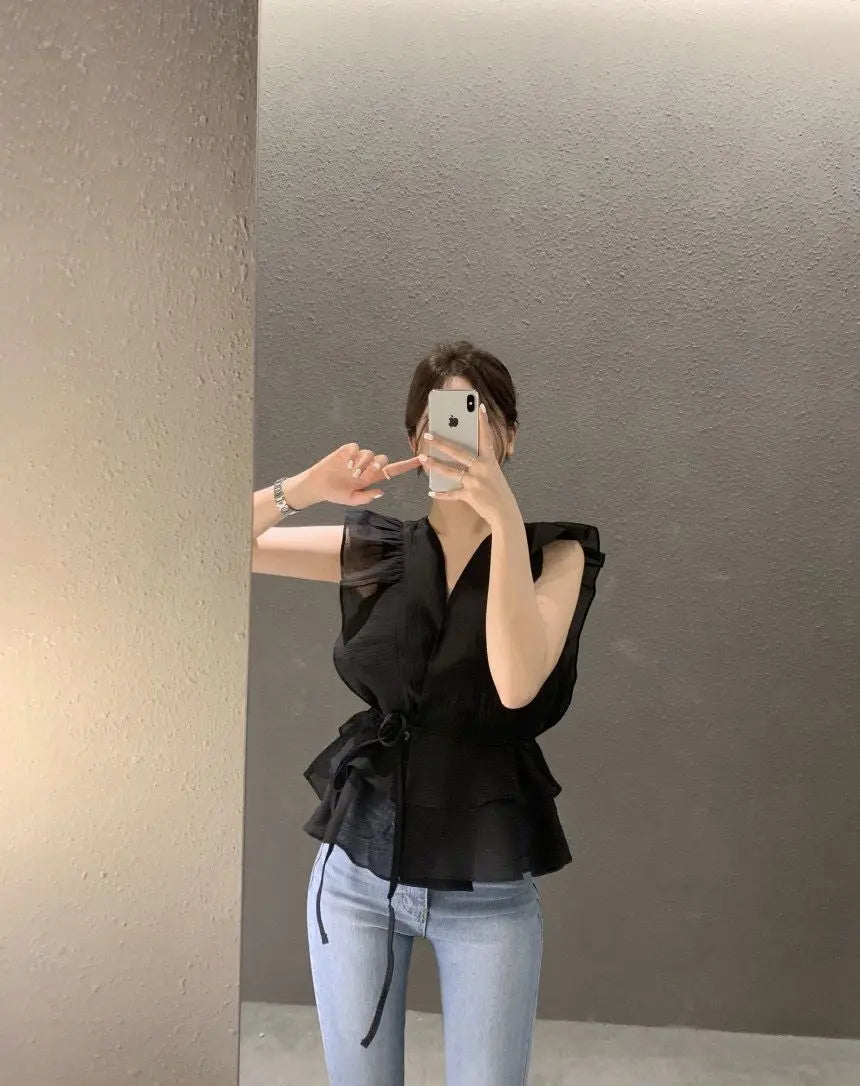 Lace Up Top Ruffled V-neck Sleeveless Shirts Blouse for Women