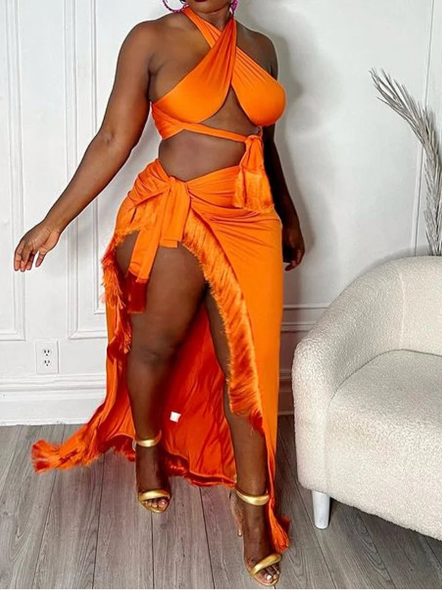 Chic Halter Neck Crop Top And High Slit Resort Wrap Skirt Set Two-Piece Outfits Resort Cover-Up Set