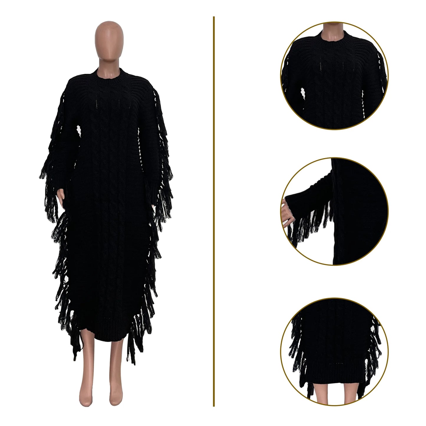 Women Long Sleeve Tassel Bodycon Midi Knit Dress O-neck Sweater Dress