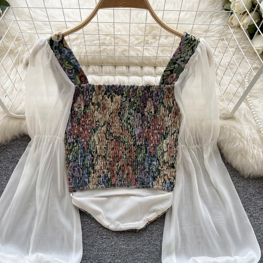 Women Retro Y2K Rose Flower Print Long Sleeve Gothic Shirts Fashion Irregular Bandage Party Blouses