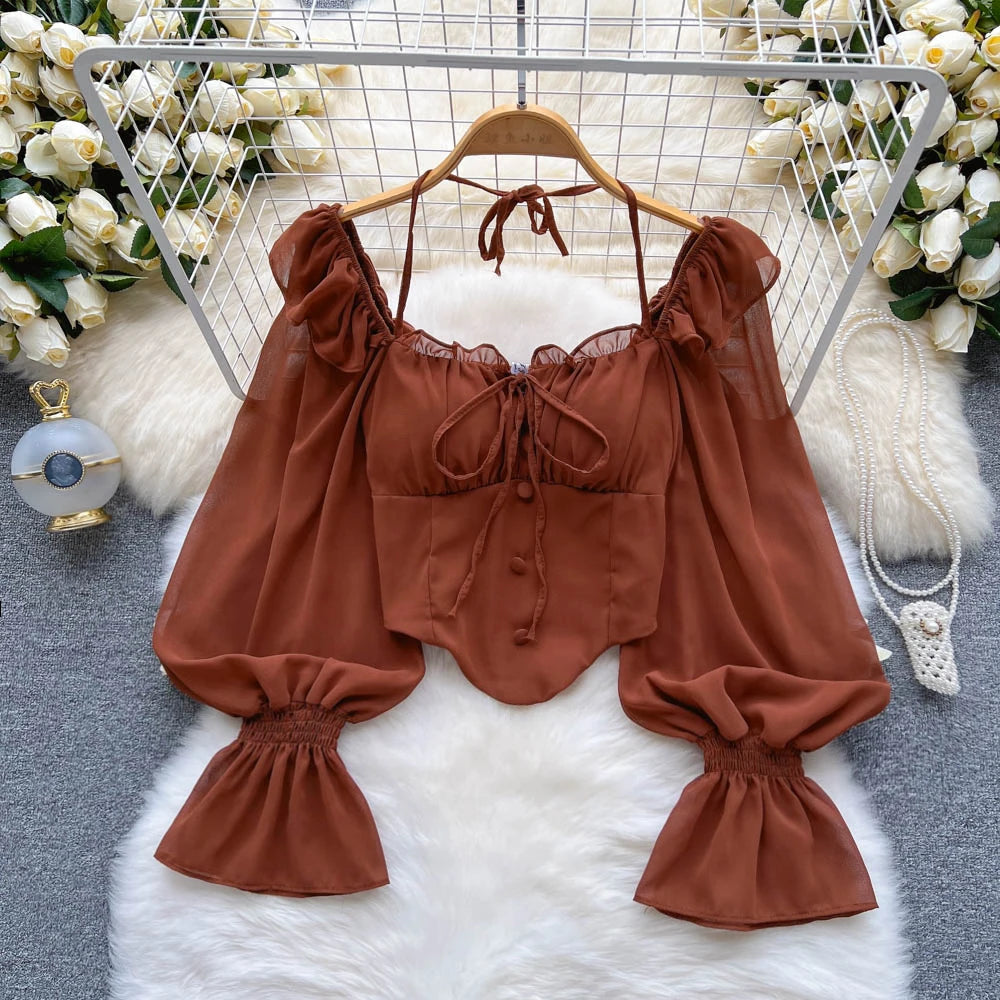 Flare Sleeve Women Top Ruffle Solid Elastic Waist Halter Backless Chiffon Blouse