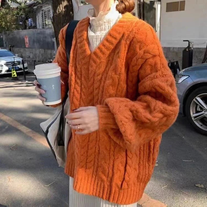 Lantern Sleeve Knit Sweater Women Korean Solid Twist V-Neck Pullover Jumper