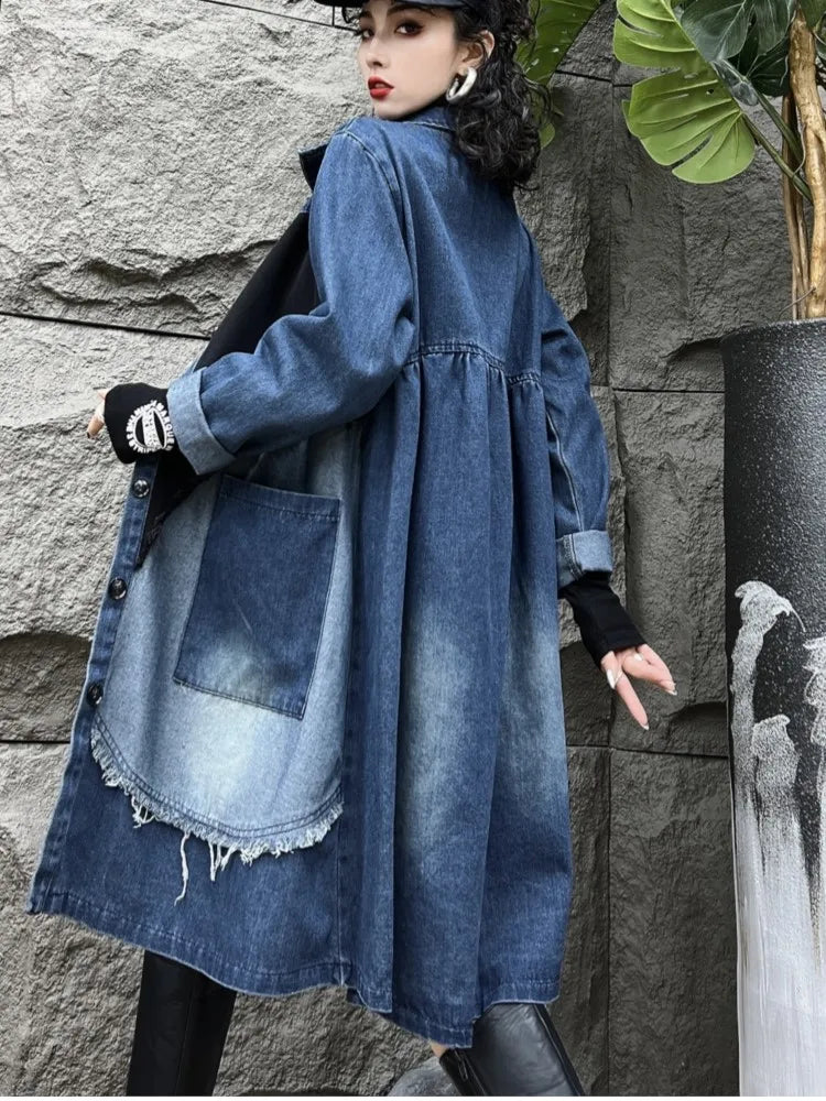 Oversized Denim Autumn Midi Trench Coat for Women