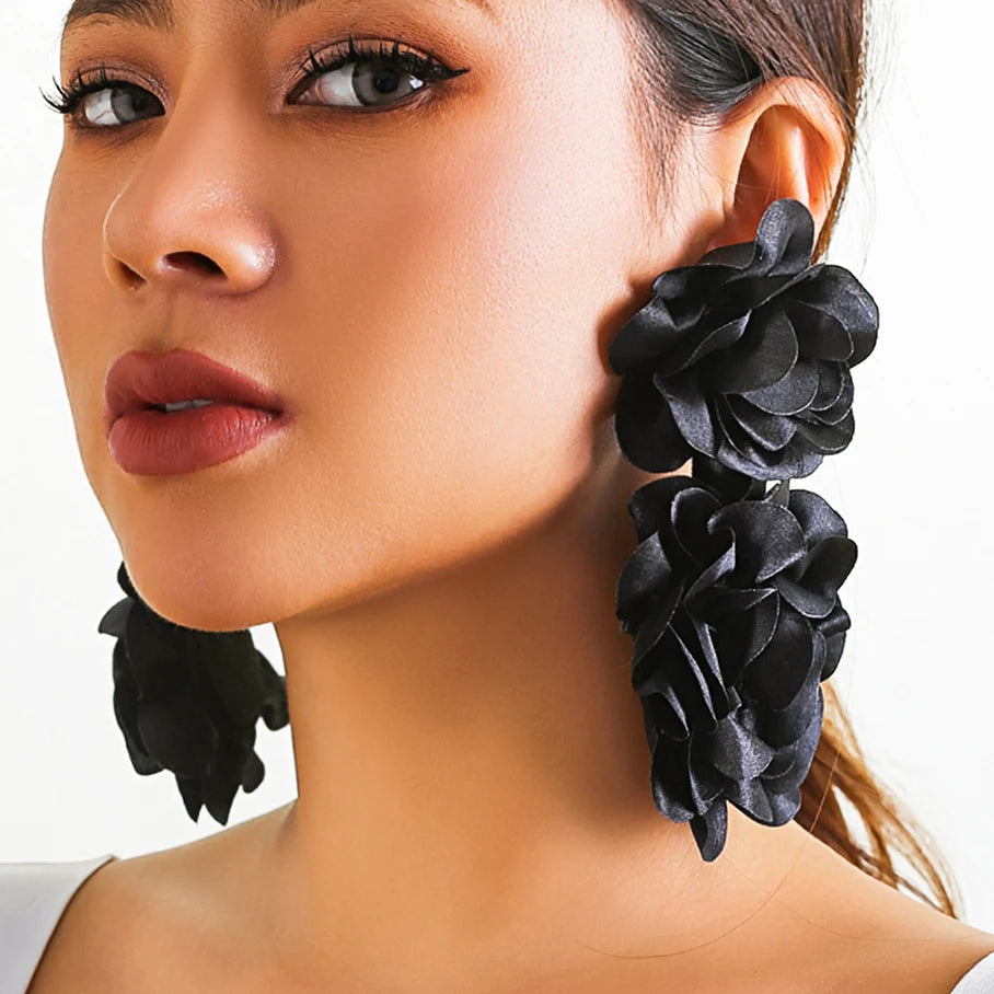 4 Colors Exaggerated Big Fluffy Fabric Flower Petal Drop Earrings for Women