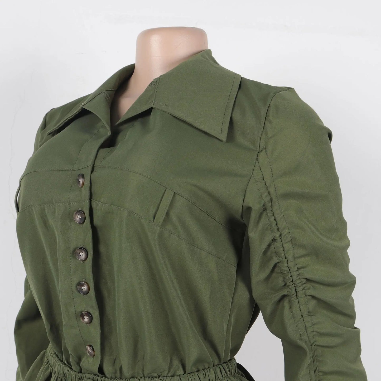Elegant Ruched Drawstring Patchwork Rompers Woman Solid Color Lantern Sleeve Jumpsuits