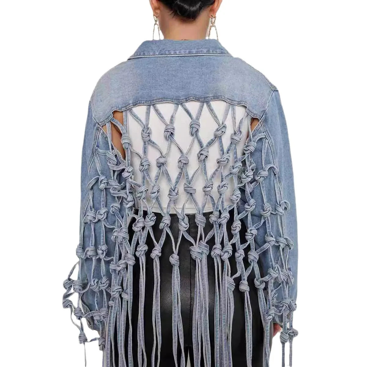 Women Denim Jacket Back Grid Fringe Personalized Jacket Coat