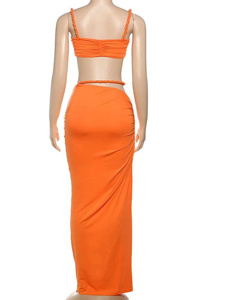 Women Skirt Set Women Two-Piece Dress Summer Orange Bandage Maxi Skirt Set Vacation Outfits