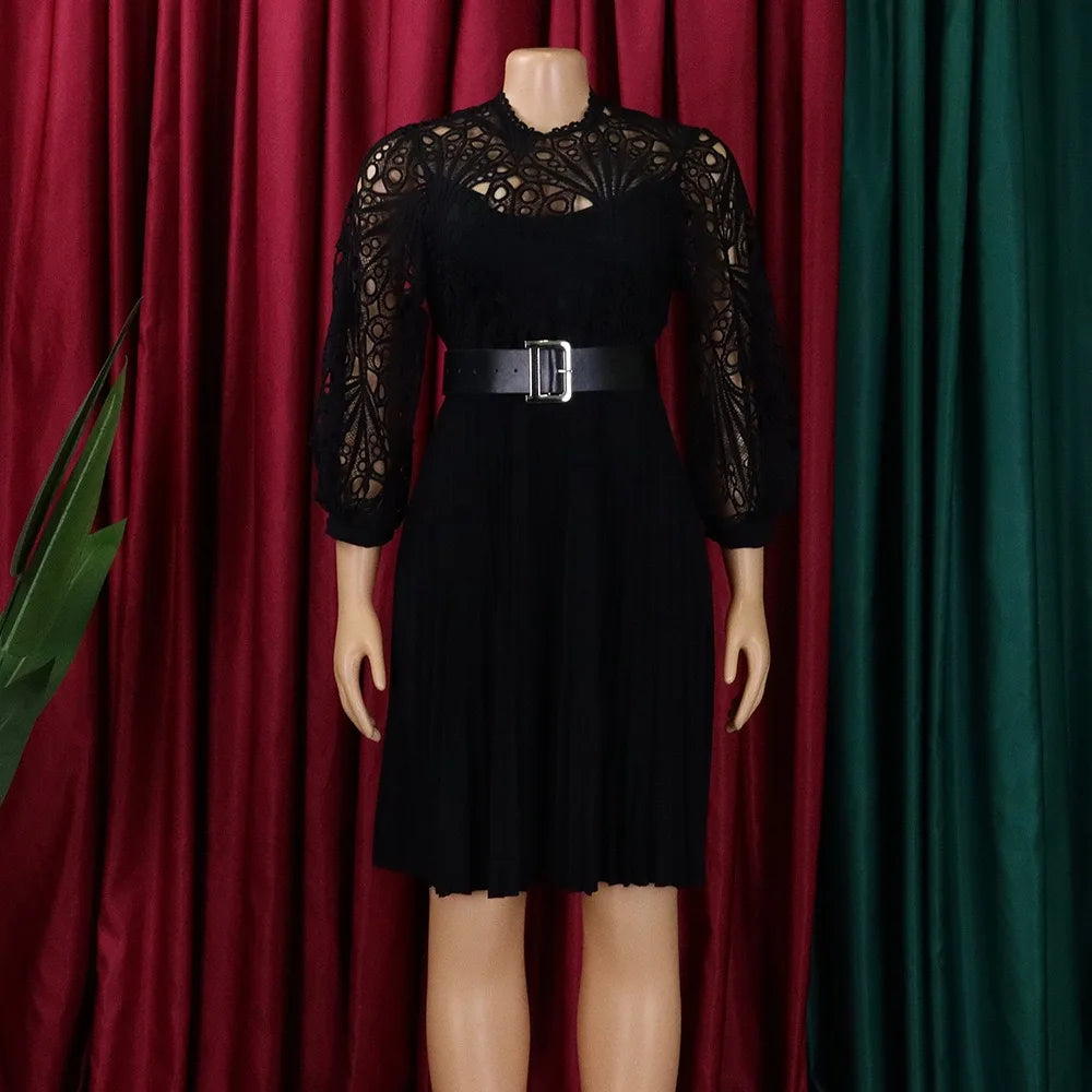 Elegant Dresses for Women O Neck Three Quarter Sleeve Belt Waisted Lace Patchwork Knee Length Luxury Female Birthday Party Dress
