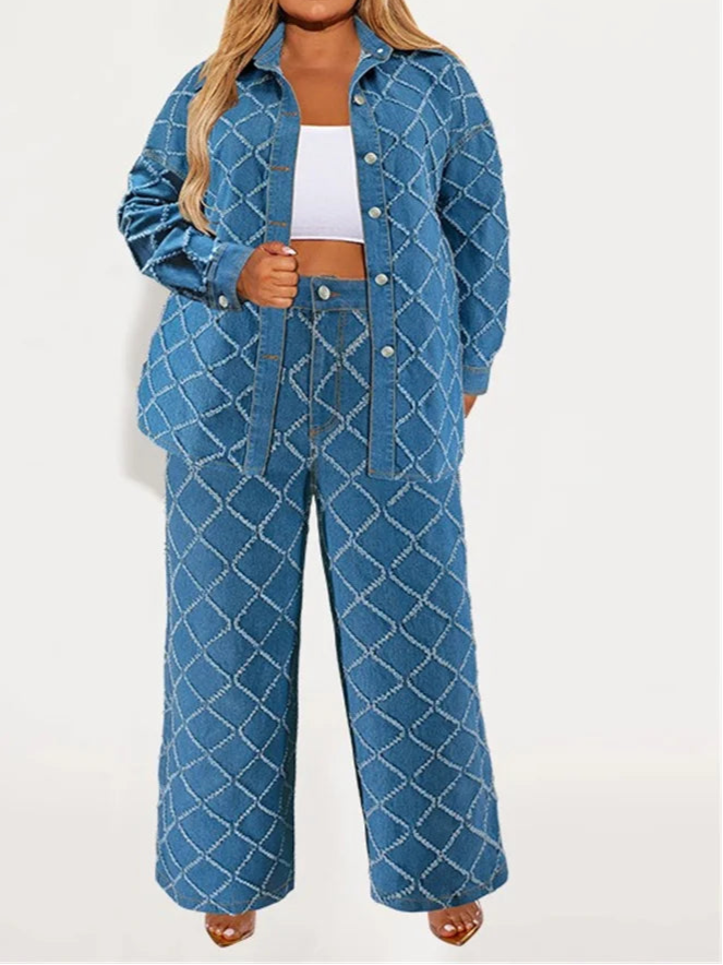 Plus Size Denim Two Piece Sets Women Long Sleeve Tops and Pants Matching Suits