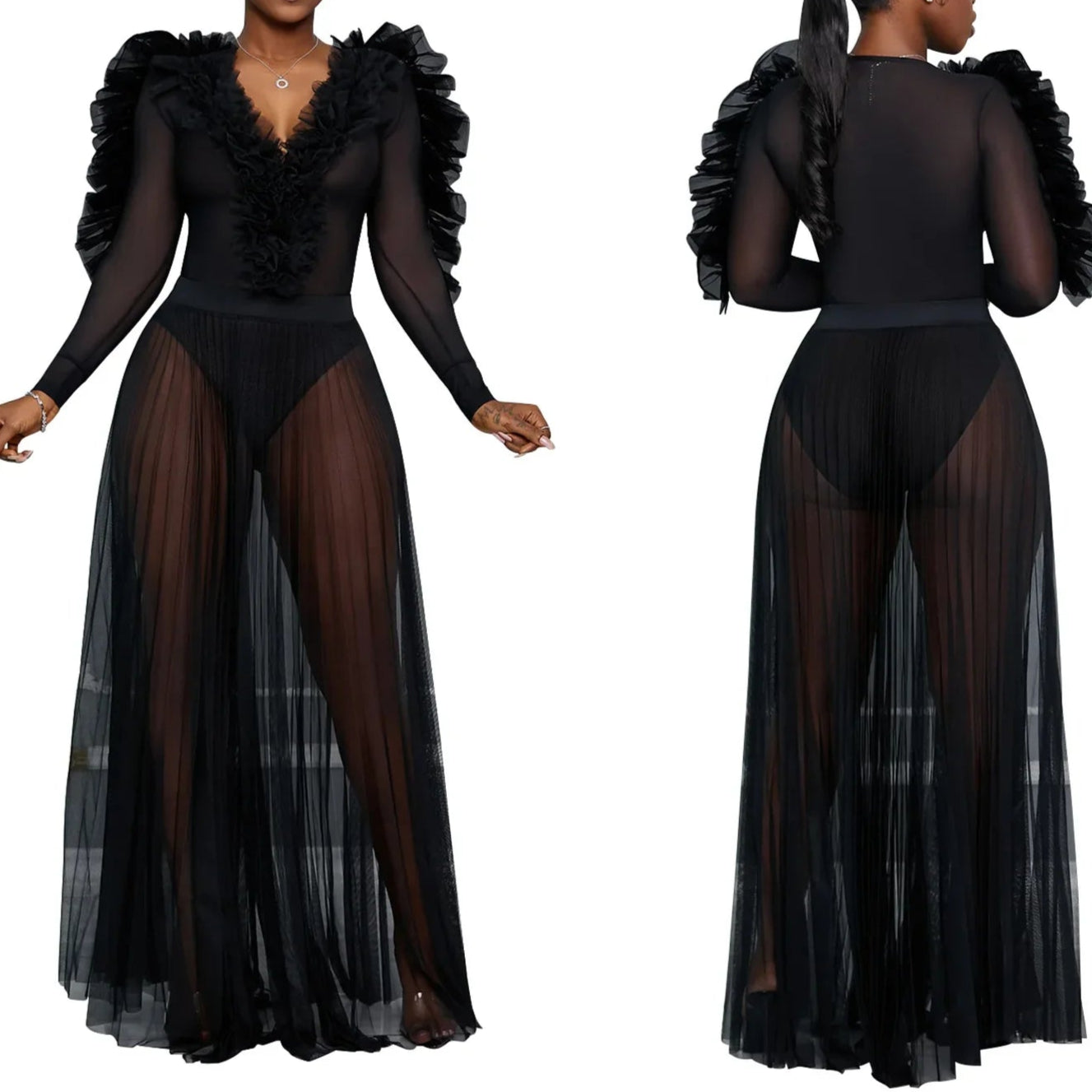 Women Selvedge Ruffles Full Sleeve V-neck Long Maxi Dress Birthday Mesh See Through Party Evening Dress