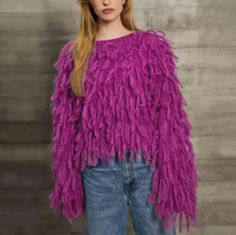 Tassels Design Solid Color Sweater Women Loose Knitted Pullover Jumper