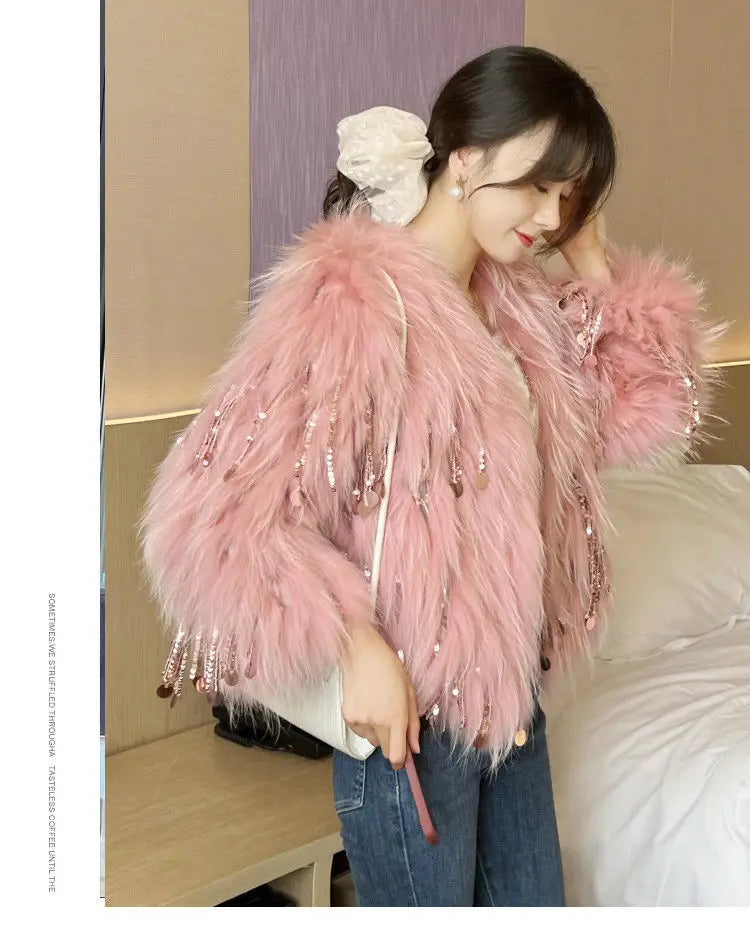 Faux Fur Grass Sequined Tassels Coat Women's Short Beaded Fringed Bomber Jacket