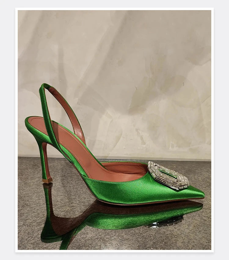 Oval Rhinestone Buckle Toe Sandals Pointed Thin Heel Hollow Banquet High Heels