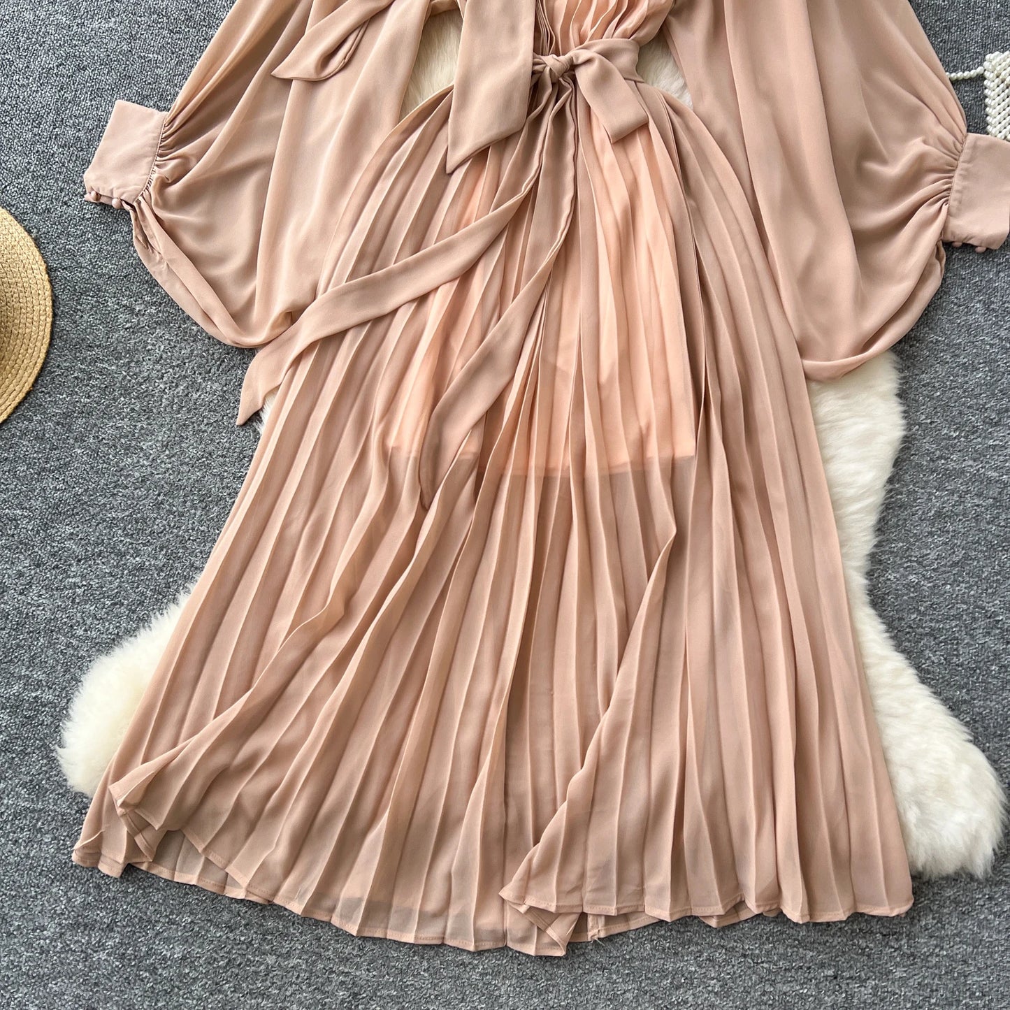 Women Elegant Long Flare Sleeves Vintage Bow neck Bow Loose Midi Dress