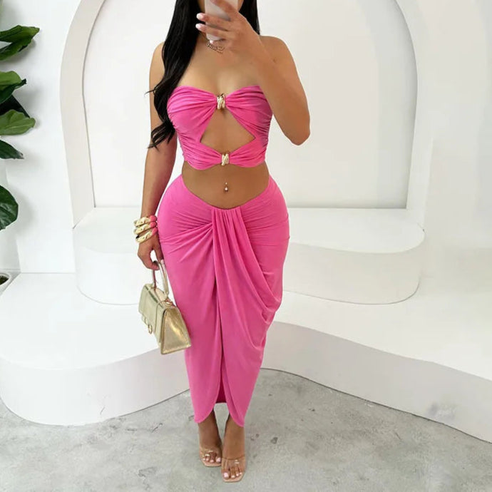 Hollow Metal Buckle 2 Piece Set Resort Wear Women Y2K Split Maxi Skirt Matching Clubwear Outfits
