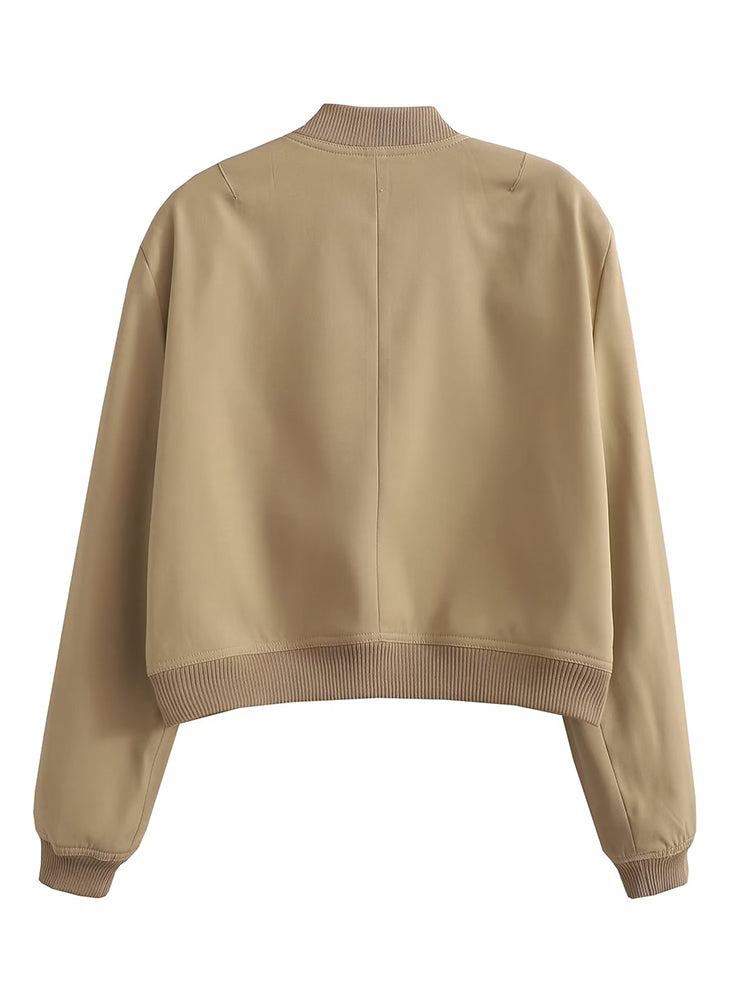 Solid Bomber Jackets Coat With Pockets V-Neck Single Breasted Long Sleeves Jacket