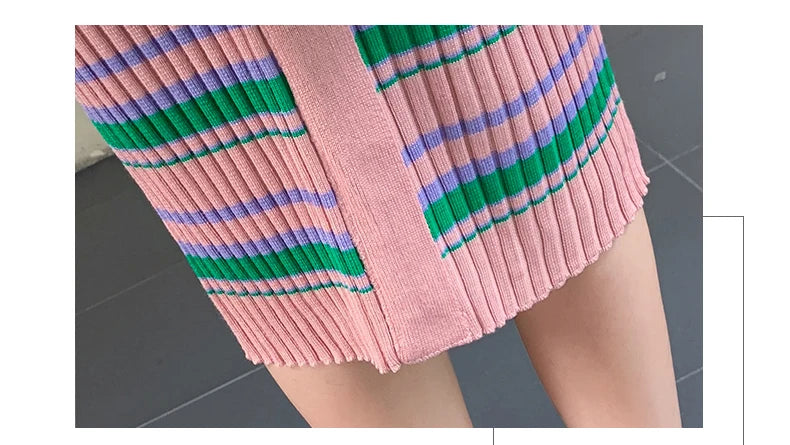 Stripes Knitted Dress Women Slim Elastic Bodycon Party Sweater Dresses