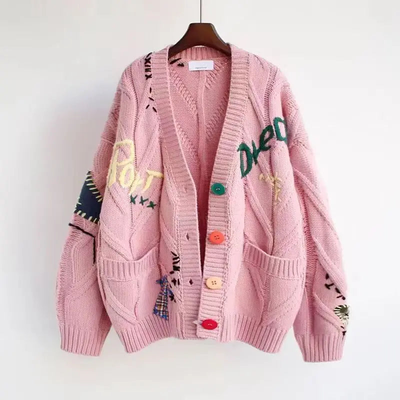 Embroidery Knitted Cardigan Women's Sweater Warm Long Sleeve V Neck Jumpers