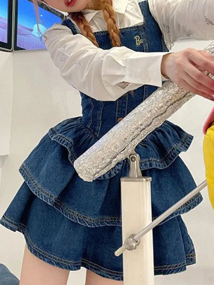 Denim Ruffle Mini Dress Y2k Korean Fashion Women Vintage Denim Dress