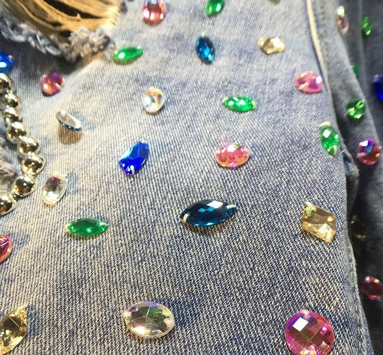 Diamond Beaded Denim Knee Length Shorts Summer Loose High Waist Shorts