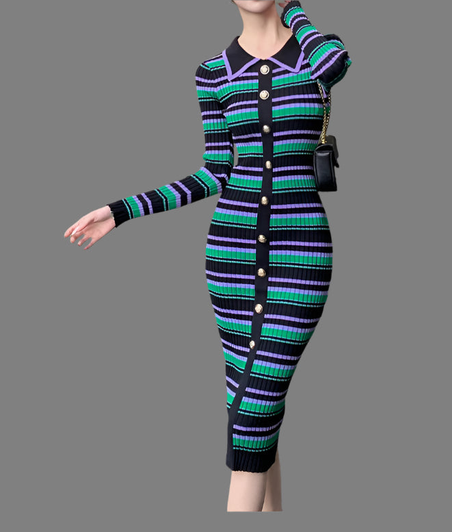 Stripes Knitted Dress Women Slim Elastic Bodycon Party Sweater Dresses