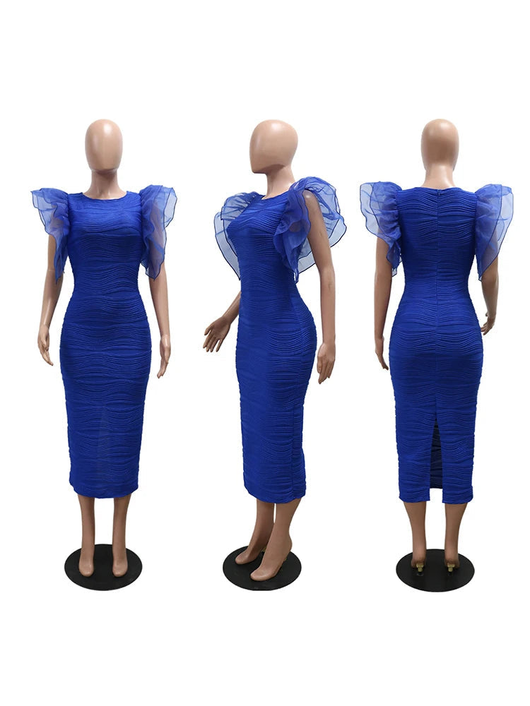 Women O Neck Ruffle Sleeves Package Hips Bodycon Dress Pencil Evening Birthday Dress