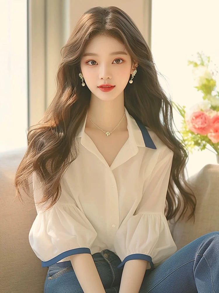 French Women's Blouses Chiffon Short Sleeve Women Tops