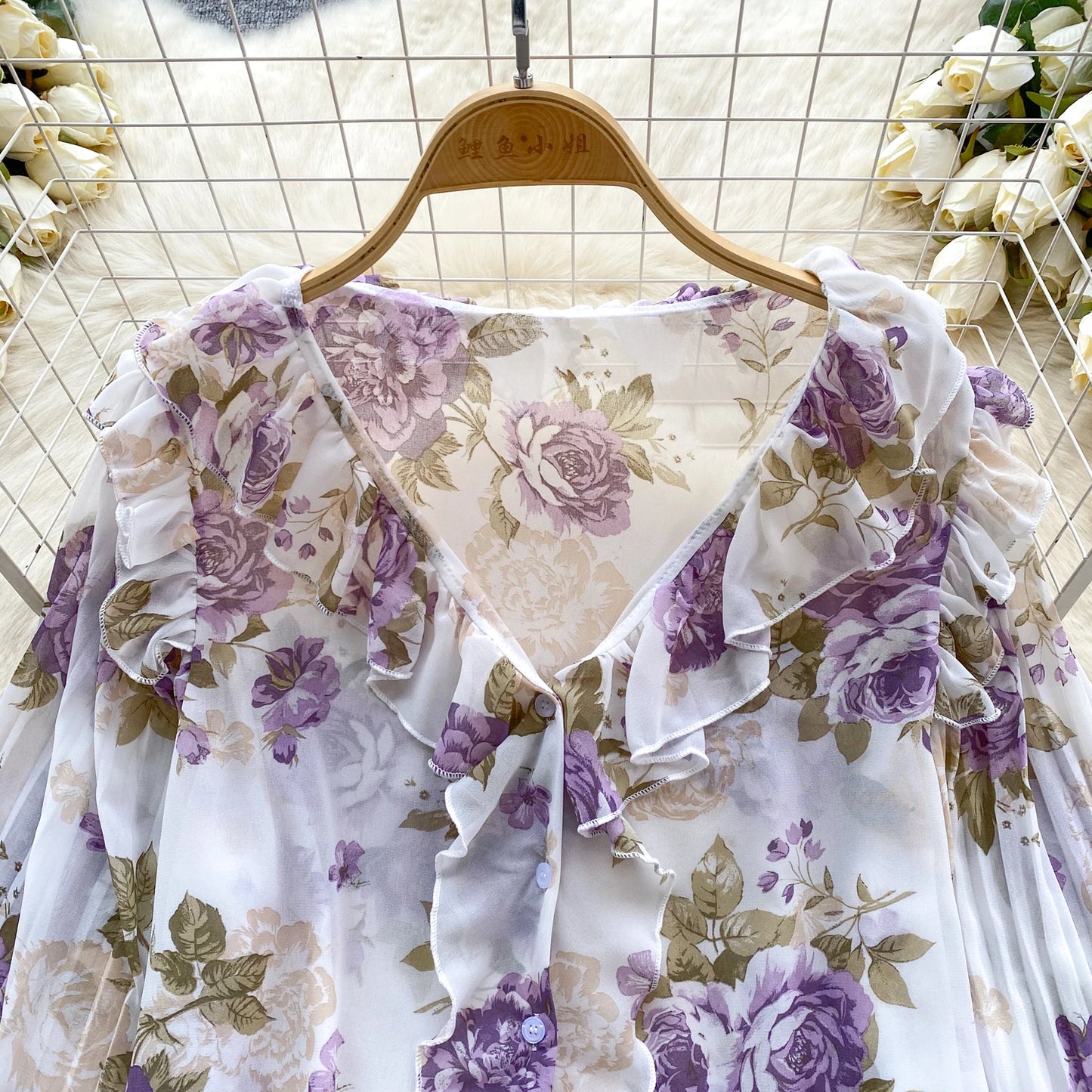 Floral Print Loose Shirt Women Lantern Sleeve V Neck Thin Causal Ruffle Blouse