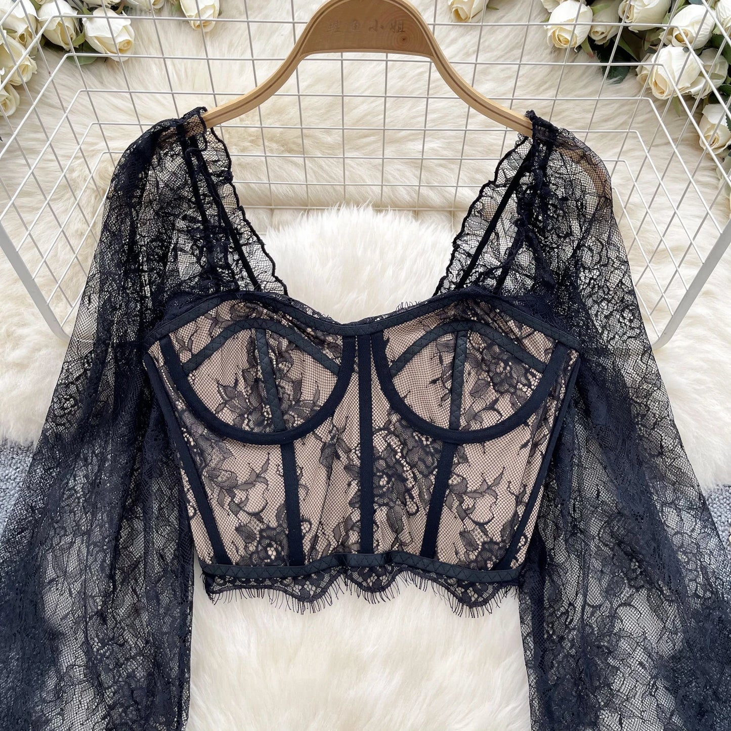 Lace Sexy Blouse Women Flare Sleeve Square Collar Embroidery Blouse High Quality Short Top