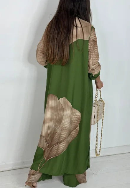 Elegant Lady Two Piece Set Printed Long Shirt Top + Wide Leg Pants 2-piece Outfit Oversized Sets