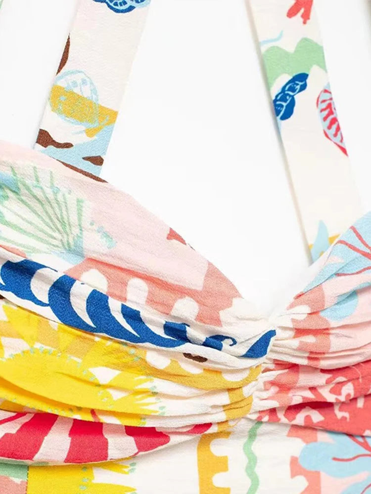 Colorful Printed Suspenders Skirt Set Women Patchwork Quilted High Waist Skirt Two Piece Summer