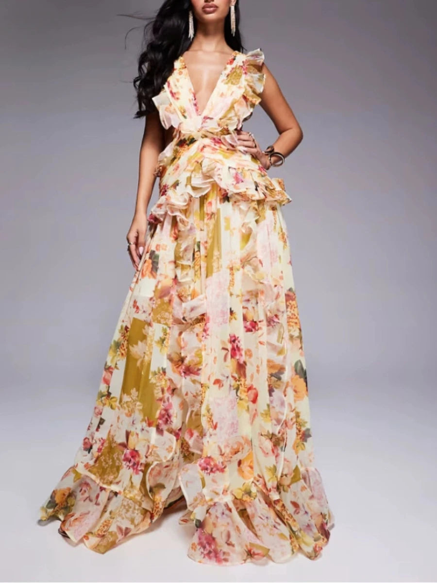 Maxi Dress for Women V Neck Sleeveless High Waist Patchwork Ruffles Edge French Sexy Printed Dress