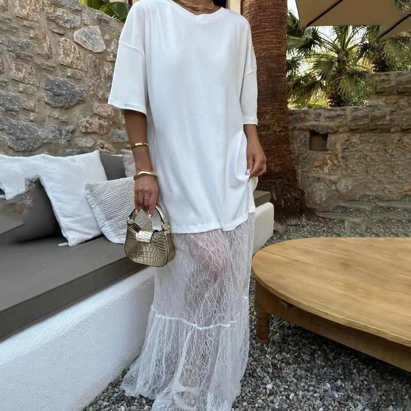 Lace Dress Round Neck Shirt with Stitching Lace Trim Women's Dress